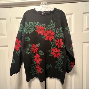 Vintage Women's Christmas Sparkle Poinsettia Sparkle Acrylic Sweater Sz L Black